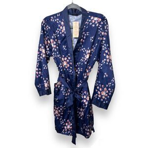NWT Morgan Lane Robe S/M Blue Intimates Sleepwear Satin Floral Pockets Lounge